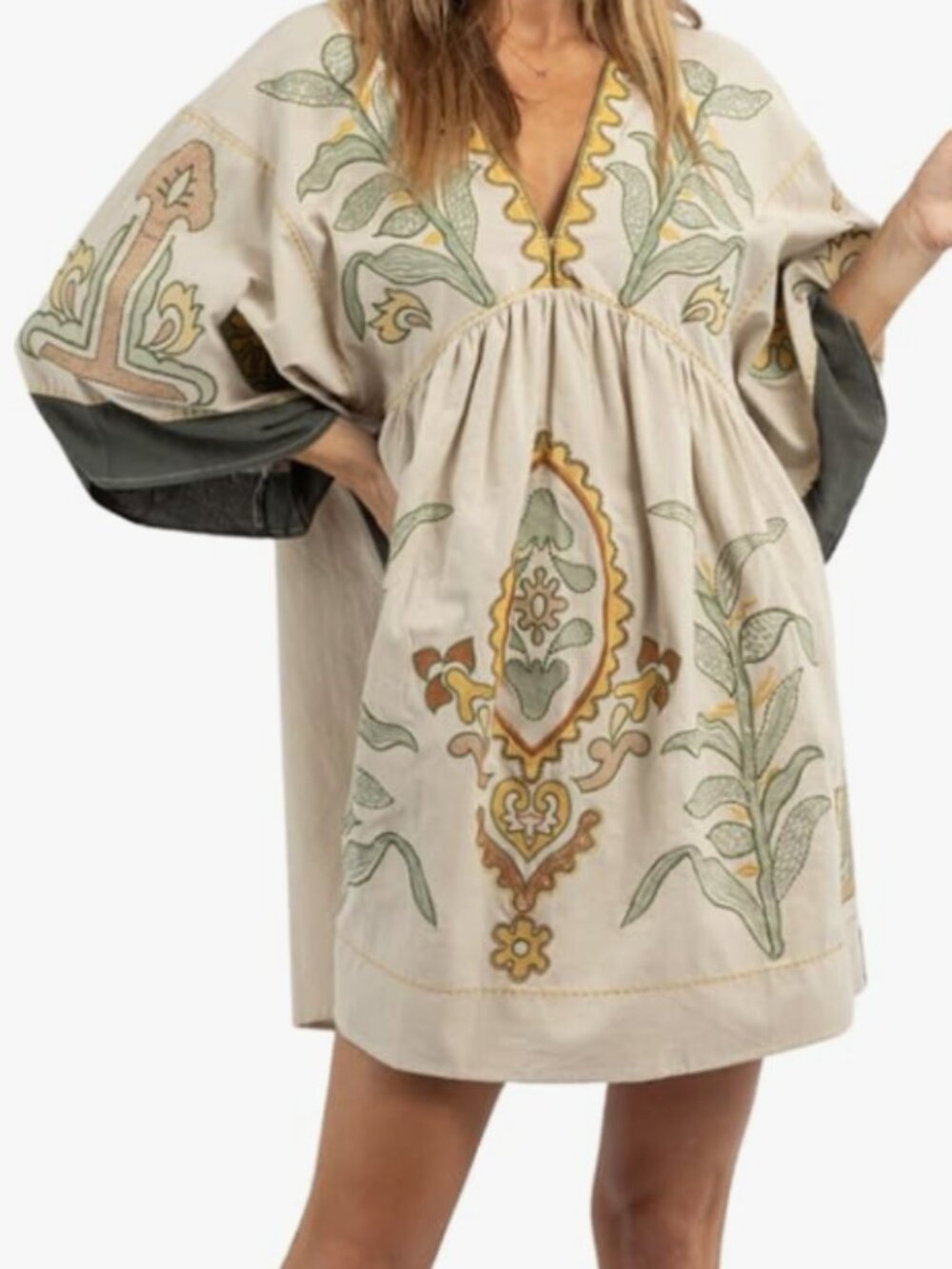 Beige Whimsical Embroidered Baby Doll Dress - Size Small